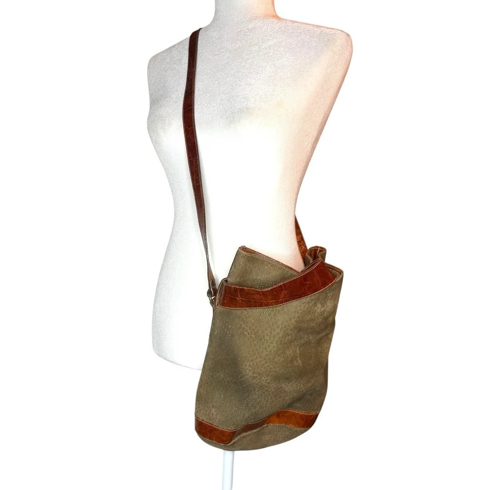 Furla Soft Italian Suede Large‎ Hobo Bag Brown Croc Embossed Leather Trim Buckle